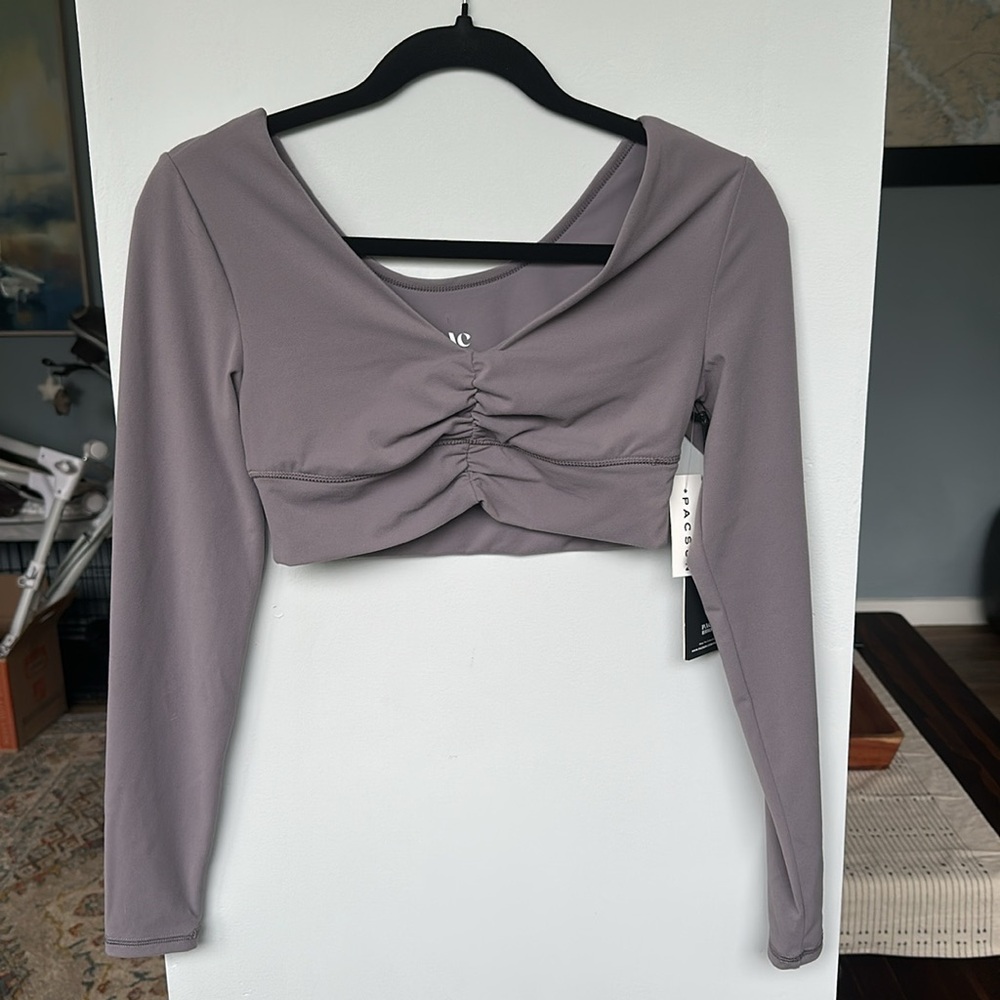 NWT Gray Purple PAC 1980 Long Sleeve Workout Athleisure Crop Bra Top Gym Wear S